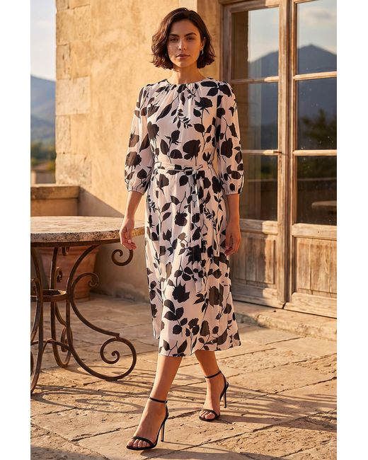 Roman Brown Floral Pleated Midi Dress