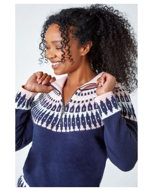 Roman Petite Blue Fairisle Zip Detail Jumper