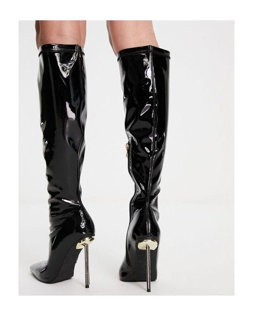 SIMMI Black London Demi Knee Boots With Diamante Stiletto Heel