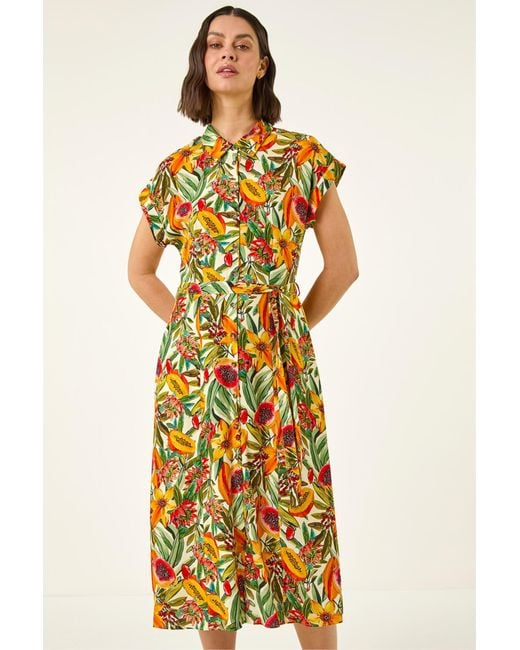 Roman Green Fruit Print Belted Midi Dress