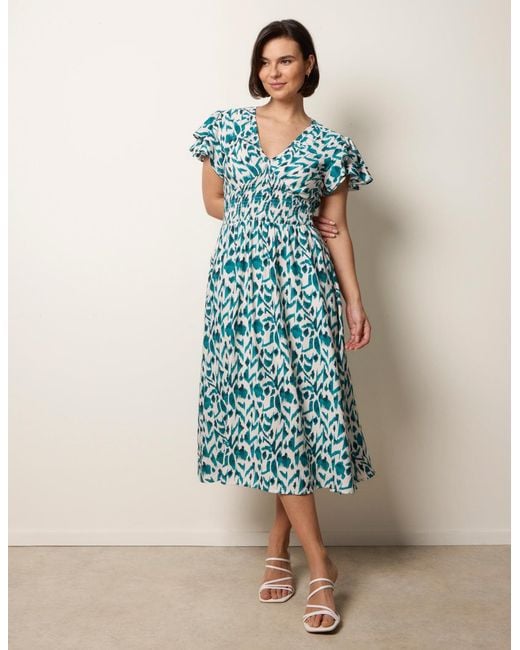 Blue Vanilla Blue Printed V Neck Frill Sleeve Midi Dress