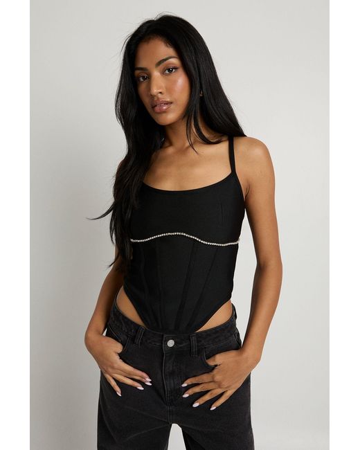 Boohoo Black Diamante Trim Woven Corset