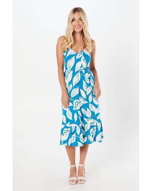 Wallis Blue Petite Leaf Print Jersey Strappy Midi Sundress