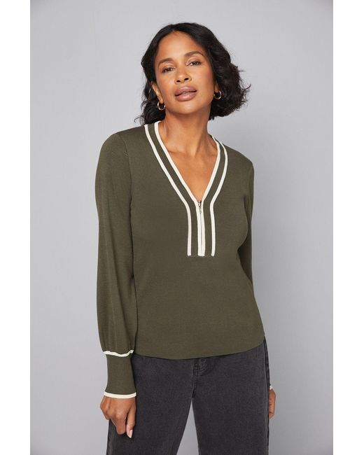 Wallis Green Zip Front Tipped Knitted Top