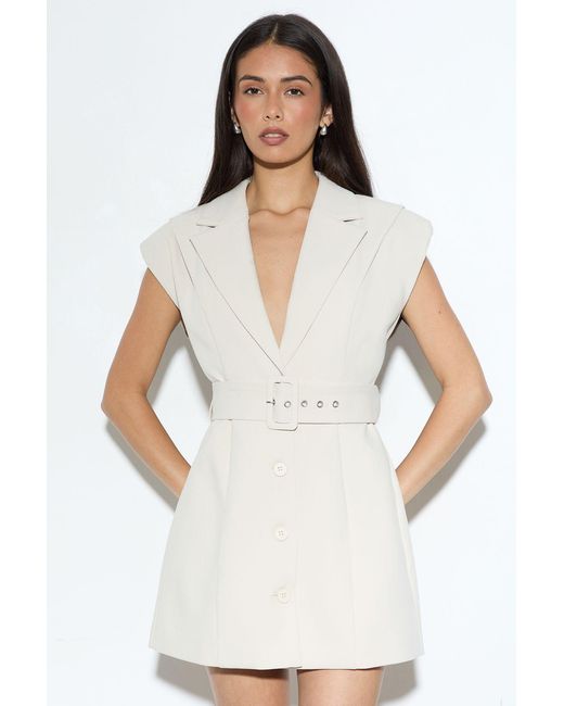 MissPap White Pleat Shoulder Sculpted Tailored Blazer Dress