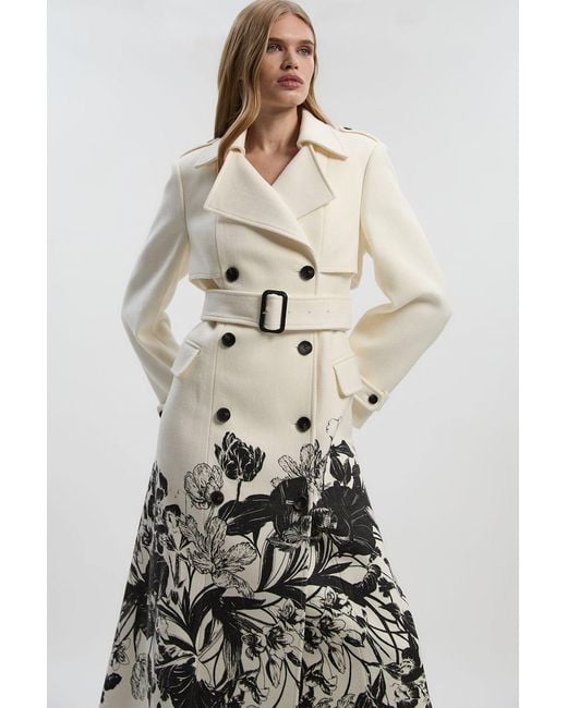Karen Millen Natural Petite Wool Placement Print Tailored Double Breasted Belted Midi Coat