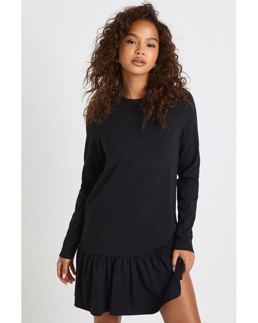 Boohoo Black Long Sleeve Drop Hem Smock Dress