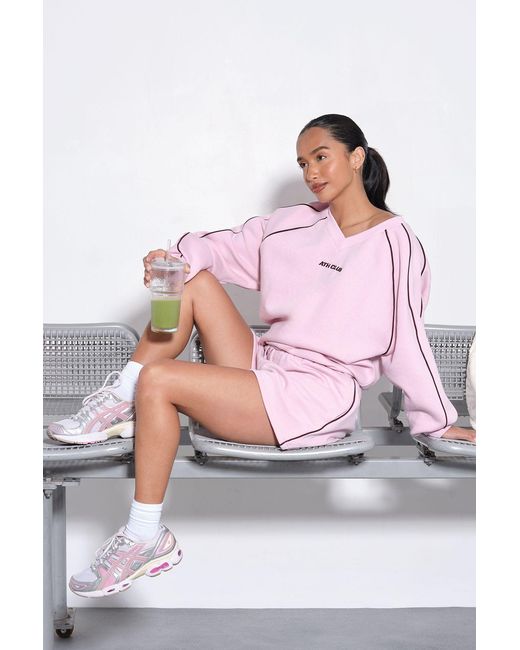 Boohoo Pink Ath Club Embroidered V Neck Piping Short Tracksuit