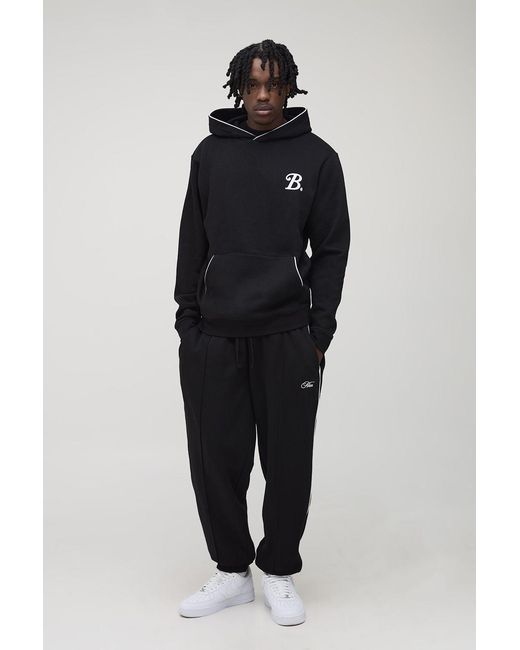 BoohooMAN Blue Tall Regular B Embroidered Piped Hoodie & Oversized Jogger Tracksuit for men