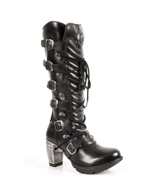 New Rock Black Ladies Buckle Laced Knee-High Boots- Tr004-S1