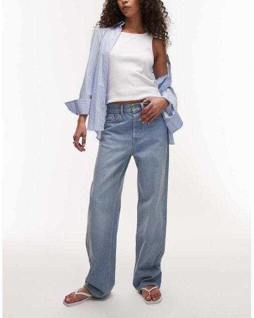 TOPSHOP Blue Mid Rise Loose Fit Straight Jean