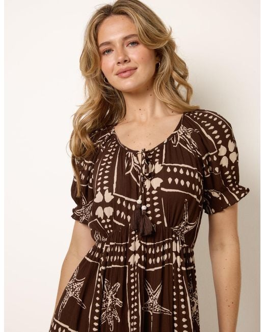 Blue Vanilla Brown Starfish Print Tie Front Maxi Dress