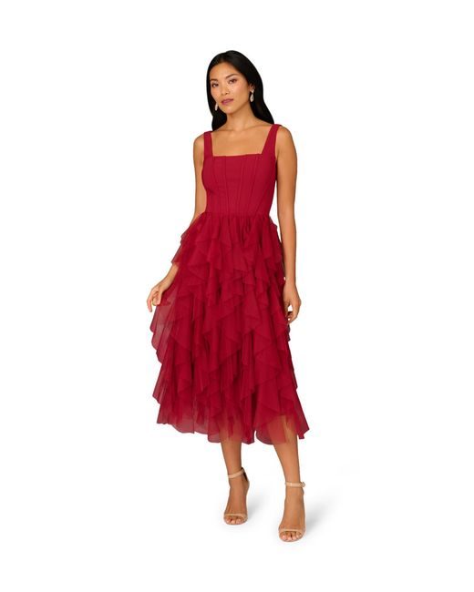 Adrianna Papell Red Mesh Cocktail Midi Dress