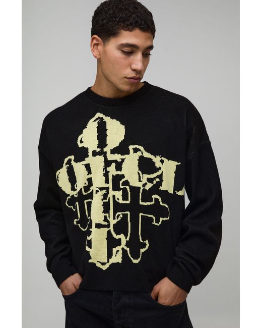 BoohooMAN Black Relaxed Boxy Gothic Jacquard Knitted Jumper for men