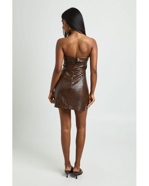 Boohoo Brown Leather Look Mock Croc Bandeau Mini Dress