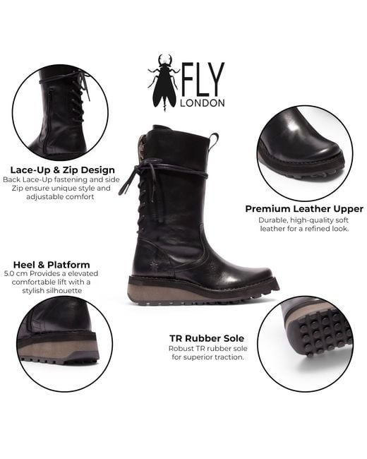 Fly London Black Leather Mid-Calf Long Boots