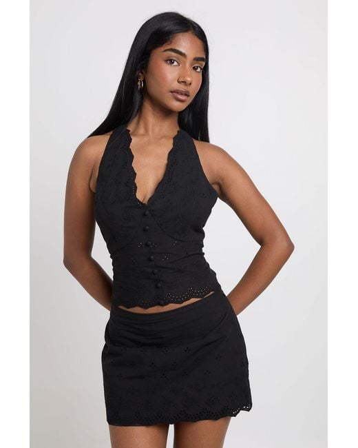 Boohoo Black Scallop Edge Broderie Halter Top