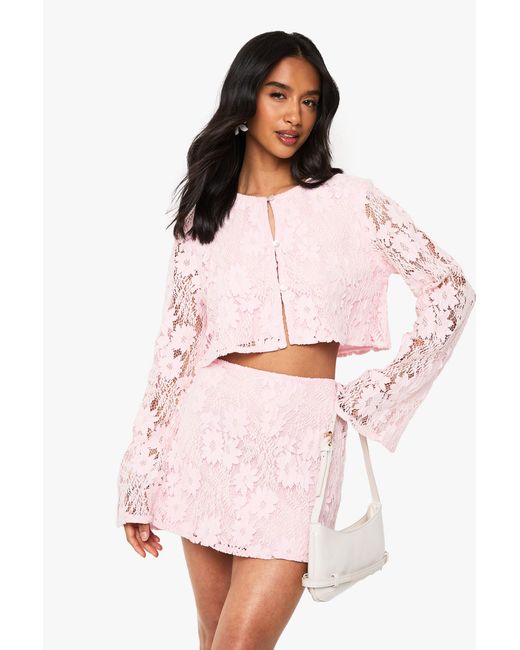 Boohoo Pink Petite Crochet Long Sleeve And Mini Skirt Co Ord