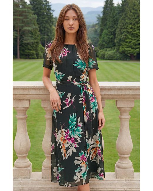 Roman Green Floral Print Pleat Neck Midi Dress