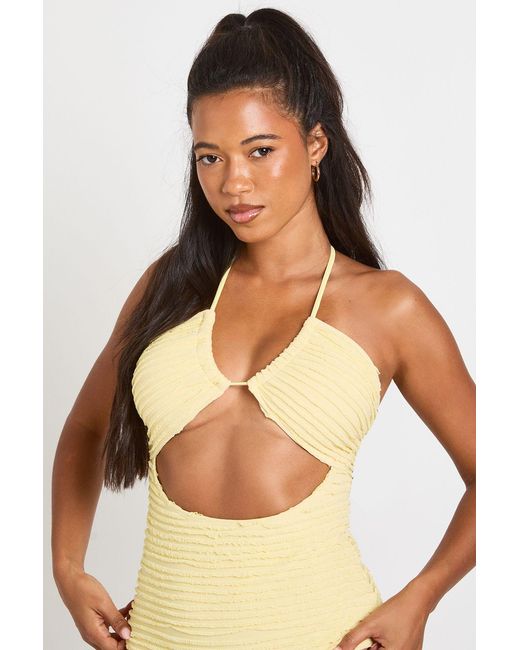 Boohoo Yellow Textured Cut Out Halter Neck Swimsuit