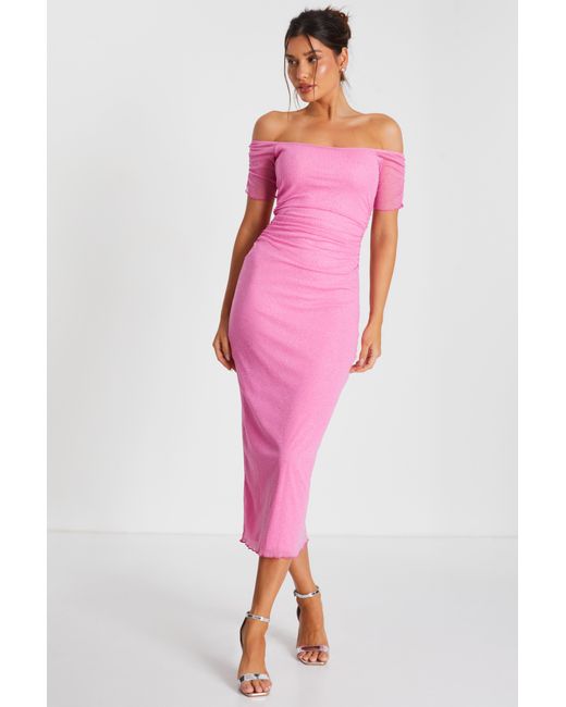 Quiz Glitter Mesh Bardot Midaxi Dress in Pink Lyst UK