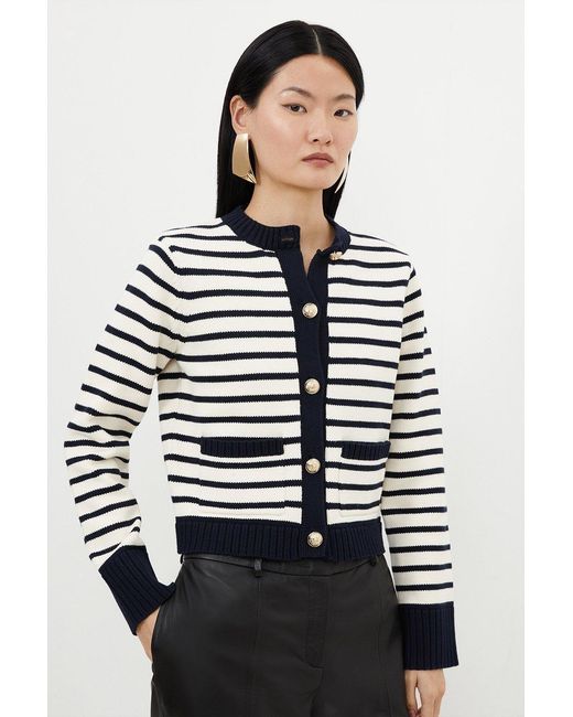 Karen Millen Gray Cotton Cropped Knit Boxy Striped Cardigan