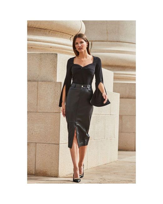 Sosandar Natural Leather Pencil Skirt With Split