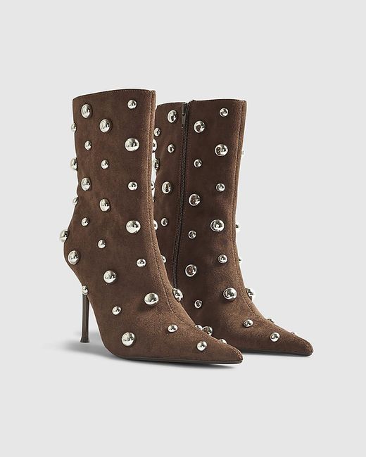 River Island Brown Ankle Boots Faux Suede Studded Heeled