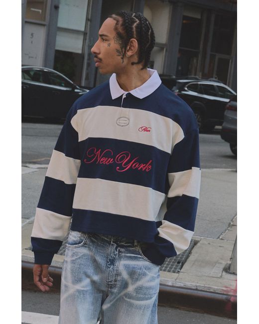 BoohooMAN Gray Oversized Shrunken Boxy New York Embroidered Stripe Rugby Polo for men
