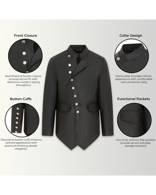 Infinity Leather Black Mandarin Military Assymetrical Jacket for men