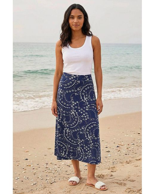 Roman Blue Paisley Daisy Print Stretch Skirt
