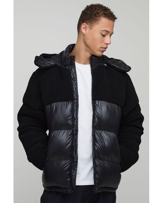 BoohooMAN Black Tall Borg And High Shine Hooded Regular Fit Puffer for men