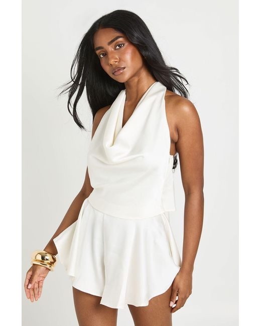 Boohoo White Satin Cowl Neck Flippy Short Playsuit