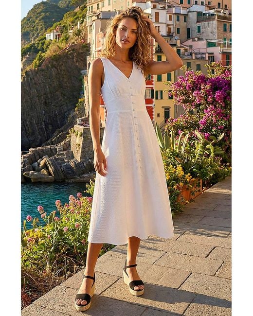 Roman White Sleeveless Button Detail Cotton Midi Dress