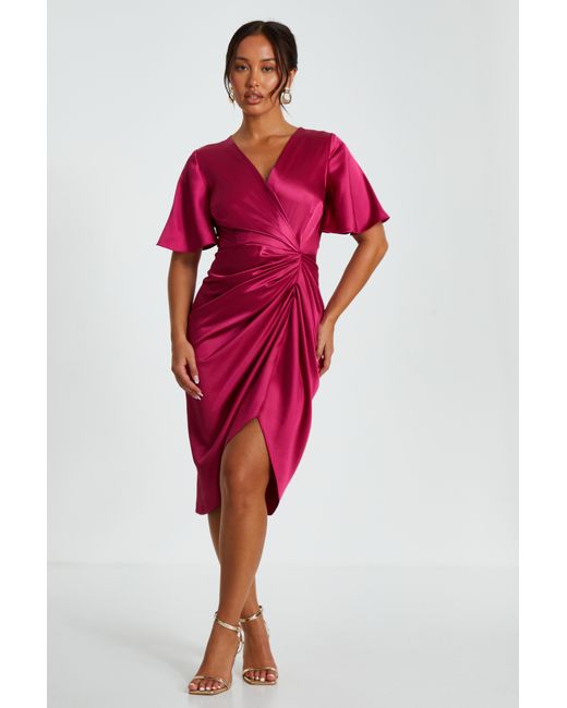 Quiz Red Petite Raspberry Satin Ruched Wrap Midi Dress