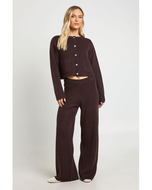 Boohoo Brown Petite Pocket Detail Crew Neck Knitted Cardigan And Wide Leg Trouser