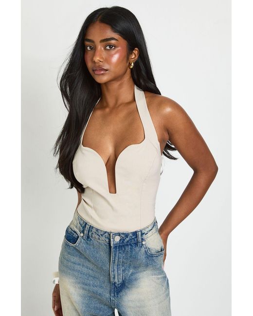 Boohoo Blue Bengaline Halterneck Cut Out Corset Top