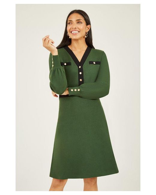 Yumi' Green Knitted Shirt Dress With Contrast Detail Viscose