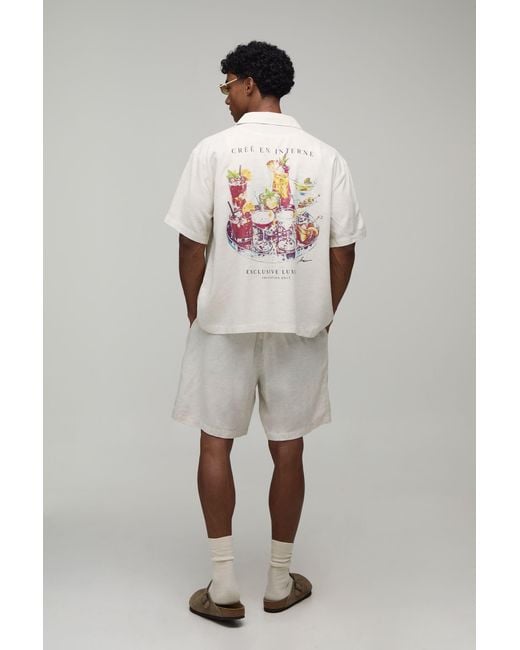 BoohooMAN Gray Printed Linen Look Regular Fit Shirt & Short Set for men