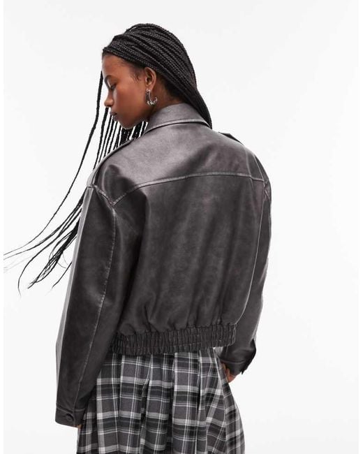 TOPSHOP Gray Faux Leather Cropped Button Thru Patch Pocket Bomber