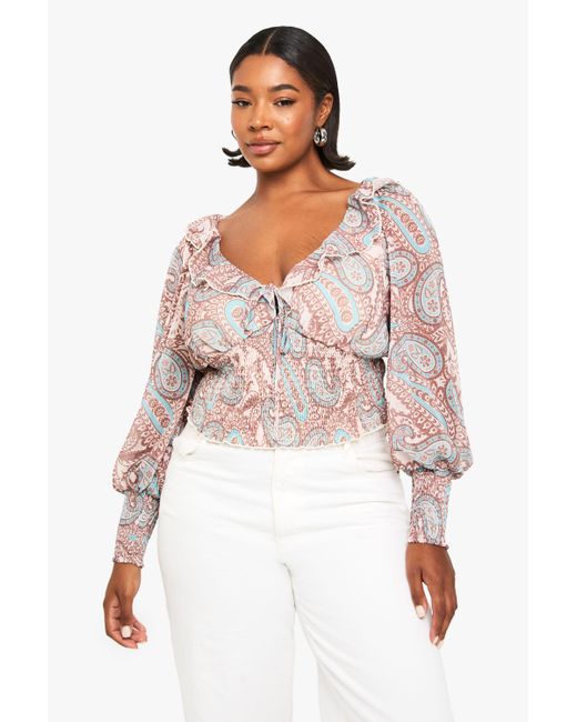 Boohoo White Plus Paisley Shirred Waist Plunge Blouse