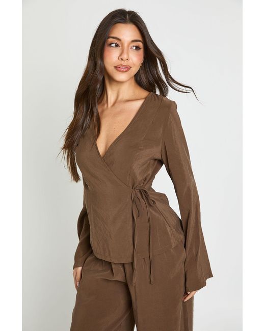 Boohoo Brown Long Sleeve Wrap Over Tie Waist Top