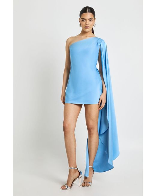 Boohoo Blue Satin One Shoulder Dress With Cape Sleeve