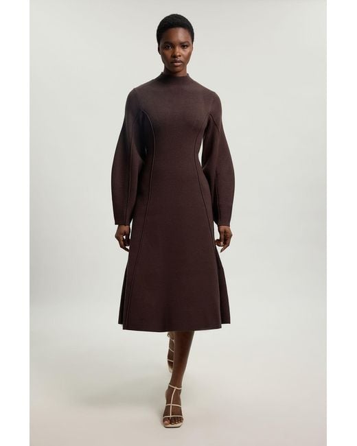 Karen Millen Blue Wool Look Rounded Sleeve High Neck Knit Midi Dress