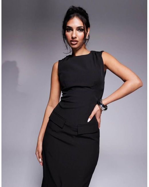 Kaiia Black Exclusive Tailored Sleeveless High Neck Pocket Detail Split Front Maxi Dress