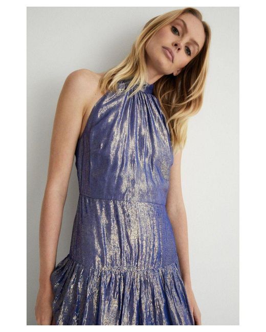 Warehouse Blue Sparkle Halter Neck Tiered Maxi Dress