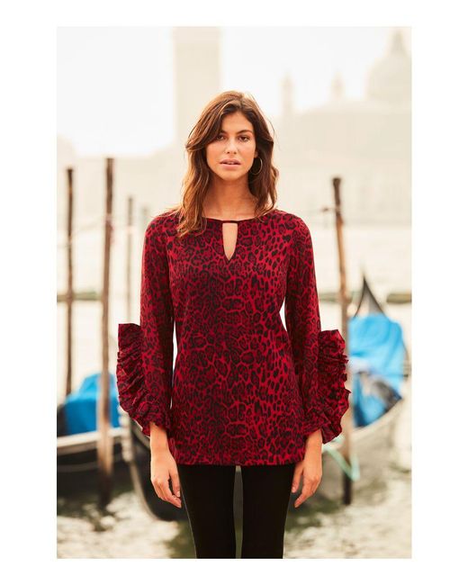 Sosandar Red Leopard Print Ruffle Cuff Top