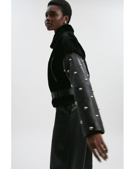 Karen Millen Black Shearling & Leather Mix Studded Biker Jacket