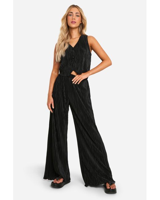 Boohoo Blue Plisse Relaxed Fit Wide Leg Trousers