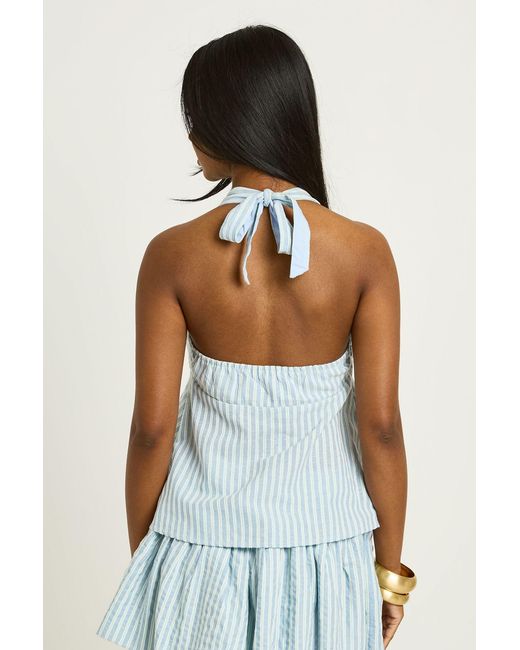 Boohoo Blue Halter Tie Front Stripe Peplum Top